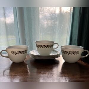 Pyrex Milk Glass Spring Blossom Green Cup with Saucers set